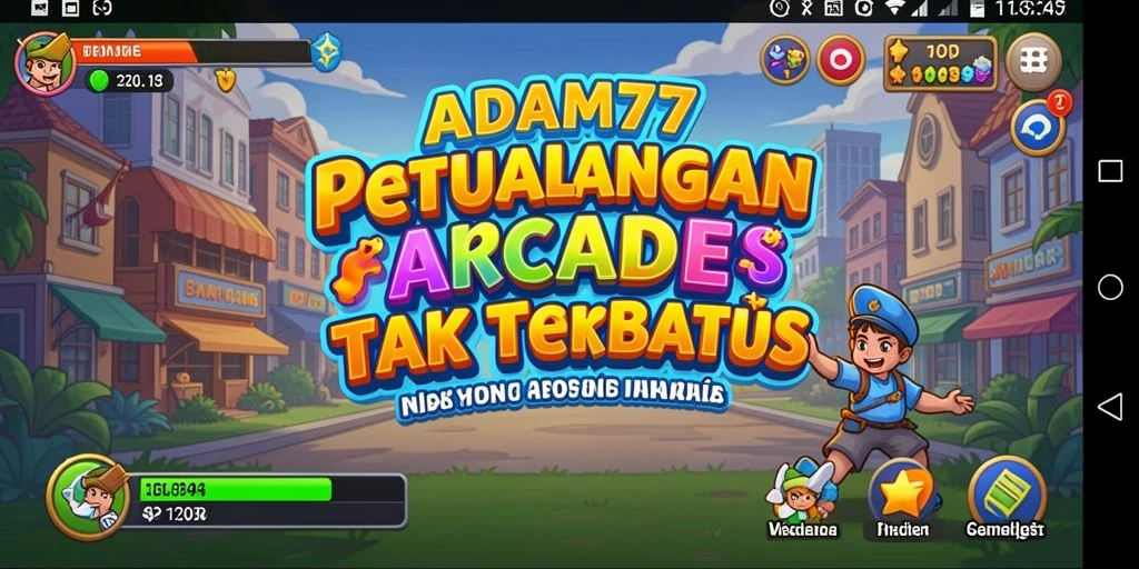 Screenshot utama menunjukkan aksi seru dalam game Arcade ADAM77.