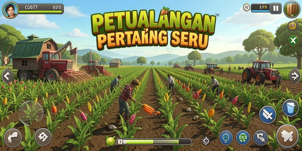Tangkapan layar gameplay <strong>COO77</strong> yang menunjukkan peternakan yang subur dan indah.