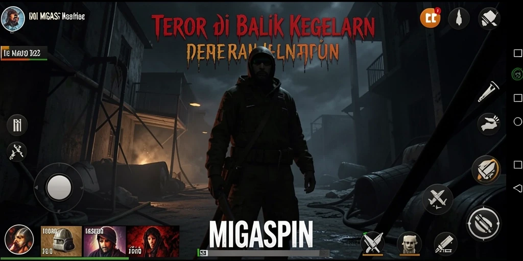 Screenshot gameplay MIGASPIN menampilkan suasana horor yang menegangkan.